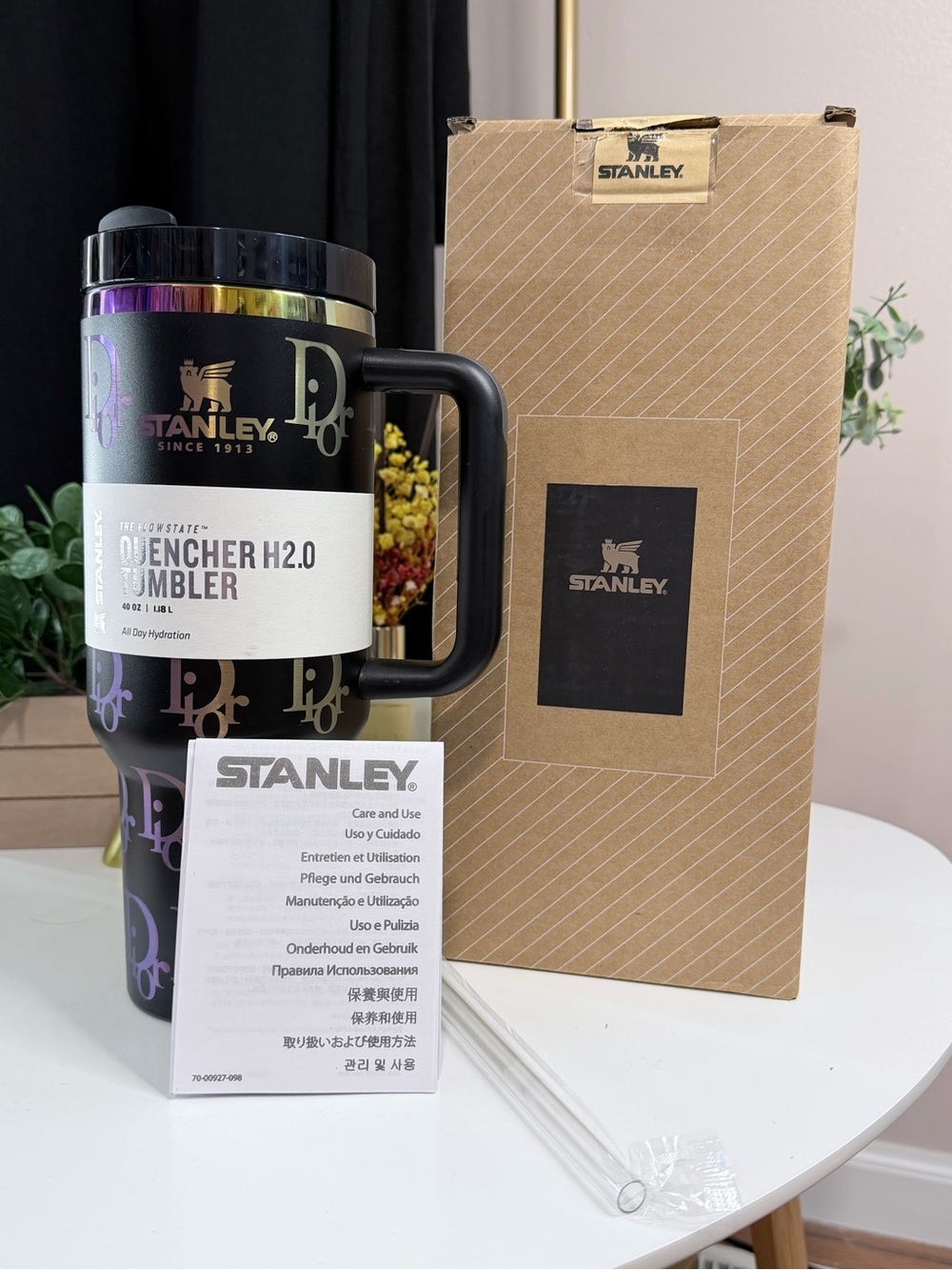 Stanley Black Tumbler with Iridescent Rainbow Trim and Dior Logo